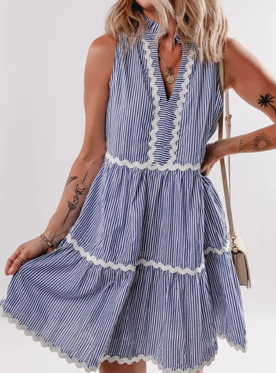 Stripe Sleeveless Notched Ric Rac Mini Dress