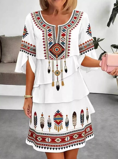 Full Size Printed Notched Ruffled Half Sleeve Dress Plus Size