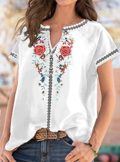 Full Size Floral Notched Short Sleeve Blouse Plus Size