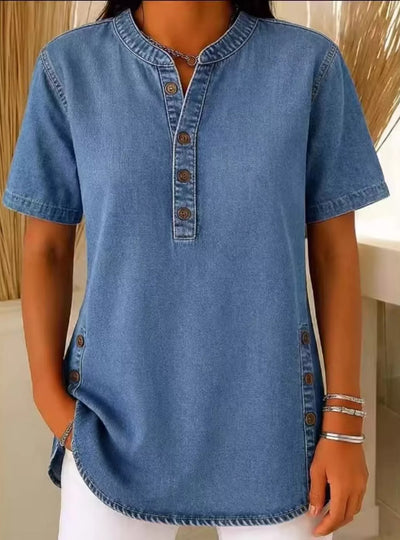 Full Size Button Detail Short Sleeve Blouse Plus Size