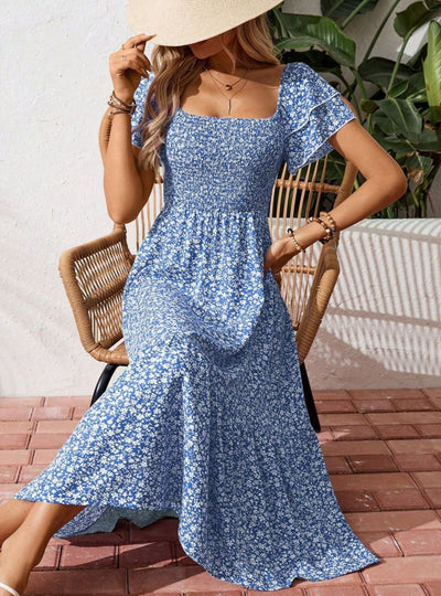 Floral Print Smocked Ruffle Sleeves Dress