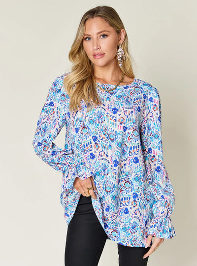 Double Take Full Size Printed Flounce Sleeve Blouse