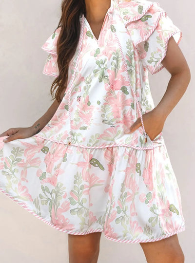 Floral Contrast Edge Layered Short Sleeve Mini Dress