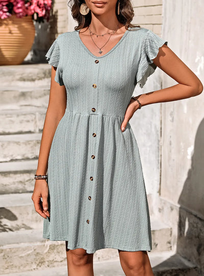 V-Neck Ruffled Cap Sleeve Dress