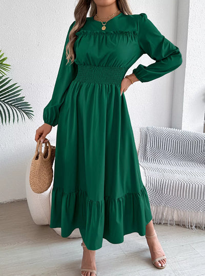 Round Neck Balloon Sleeve Tiered Dress