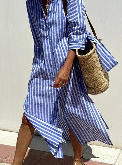 Tied Button Up Three-Quarter Sleeve Dress