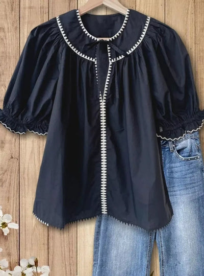 Full Size Tie Neck Short Sleeve Blouse Plus Size