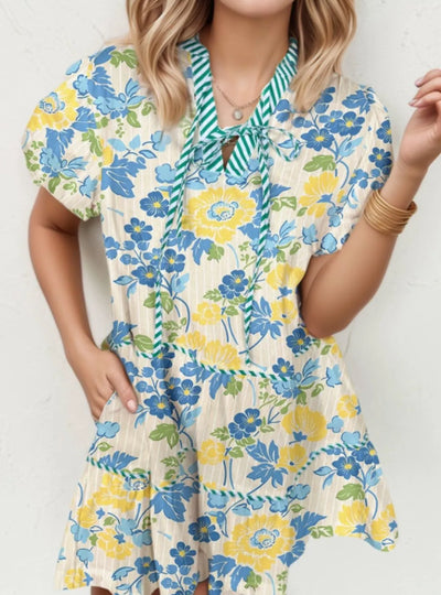 Floral Striped Trim Puff Short Sleeve Dress