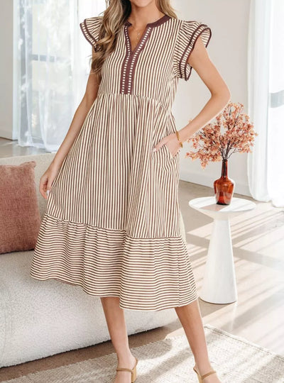 Stripe Plus Size Slit V Neck Tiered Flutter Sleeve Dress