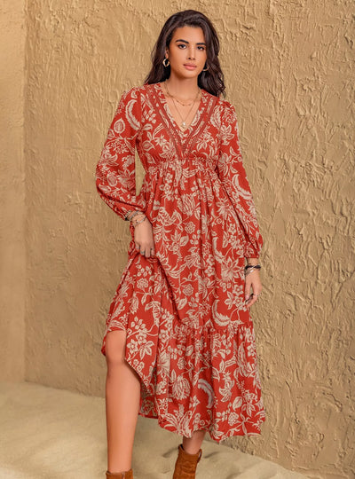 Boho Floral Print Long Sleeve Midi Dress