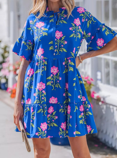 V Neck Short Sleeve Loose Flower Dress