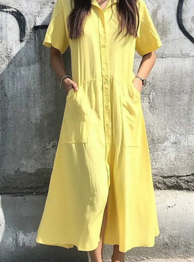Button Front Short Sleeve Midi Dress