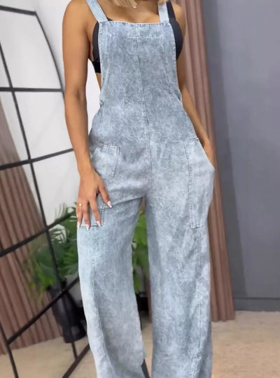 Full Size Vintage Wash Wide Leg Denim Overalls Plus Size