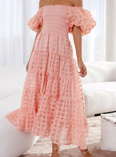 Off Shoulder Short Puff Sleeve Midi Dress