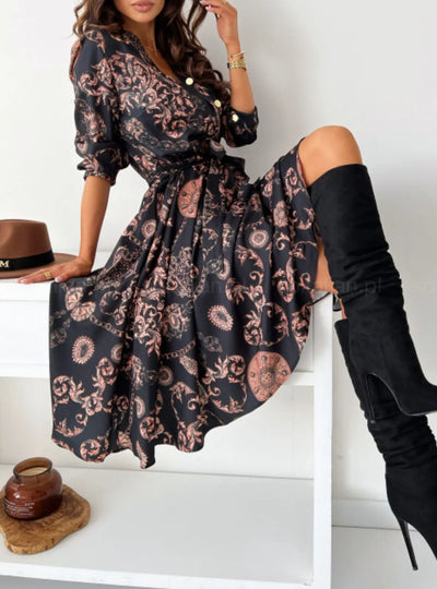Printed Tie Waist Midi Dress