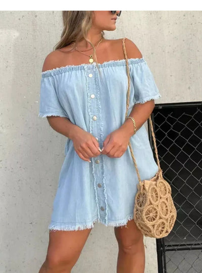 Full Size Off-Shoulder Button-Down Frayed Denim Dress Plus Size