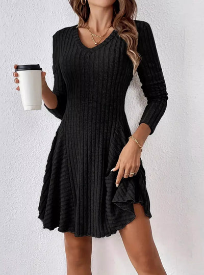Ribbed Knit Long Sleeve A-Line Dress