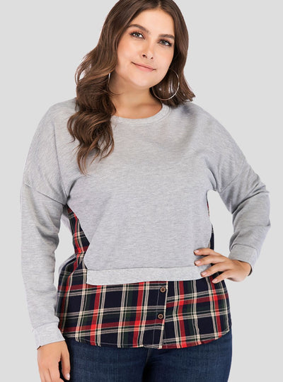 Full Size Plaid Patch Drop Shoulder Round Neck Top