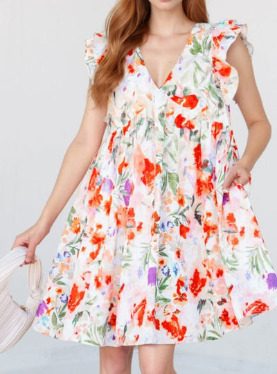 Floral Double Ruffle Sleeve V Neck Mini Dress