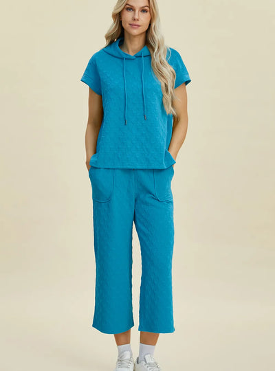 Double Take Full Size Texture Drawstring Short Sleeve Hoodie and Pocketed Pants Set