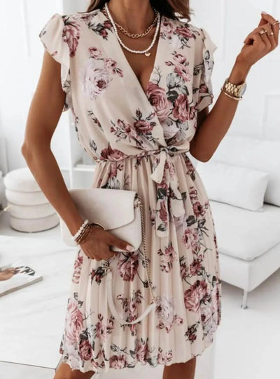 Floral Surplice Ruffled Cap Sleeve Dress