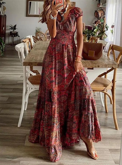 Full Size Smocked Printed V-Neck Short Sleeve Dress