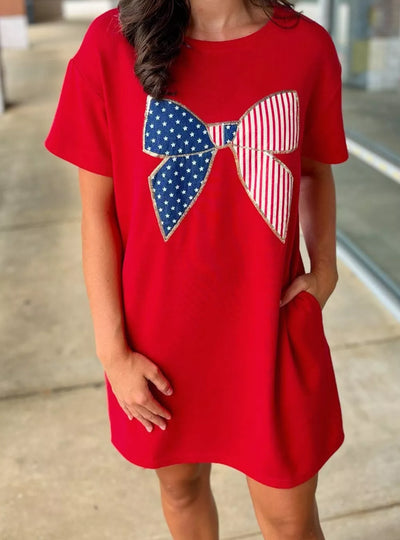 Sequin Trim Stars and Stripes Bow Patched T Shirt Mini Dress