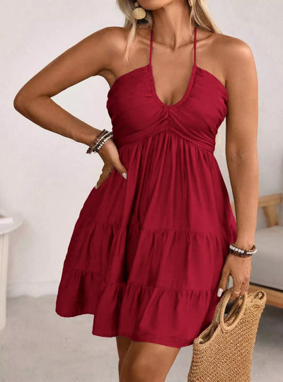 Plus Size Halter Neck Tiered Ruffle Hem Mini Dress