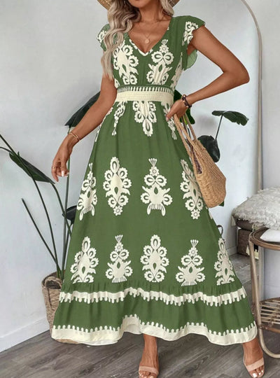 Printed V-Neck Ruffled Cap Sleeve Dress