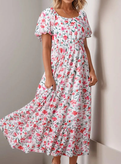 Floral Short Puff Sleeve Tiered Dress