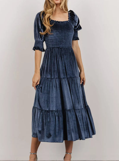 Velvet Smocked Tiered Midi Dress