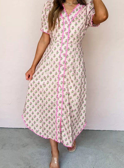 Floral Print V Neck Scallop Trim Button Front Short Sleeve Dress