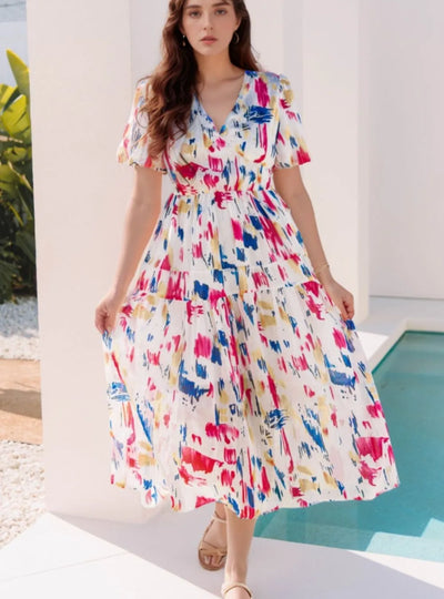 Abstract Print Short Puff Sleeve Tiered Maxi Dress