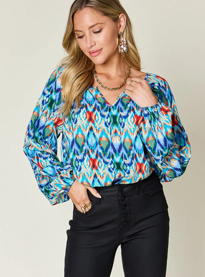 Double Take Full Size Printed Balloon Sleeve Blouse